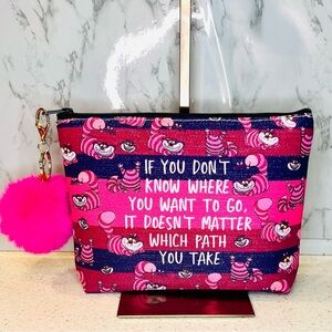 Cheshire Cat Pink and Blue Pouch with Keychain NWOT